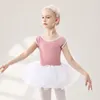 Ropa de escenario O cuello de manga corta vestido de tutú de ballet niñas púrpura / rosa mono y falda traje niños trajes de leotardo de danza gimnástica