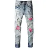 High Street Jeans Slim Fit and Hole Patch Pants Fog Fashion Mens Jeans Slim Skinny Pencil Pants Purple Designer Jeans