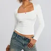 Women's T Shirts 00s Retro Stitched Crop Top Women Lace Edge Long Sleeve Ribbed Knitted Tops Summer 2024 Tees Y2k Aesthetic T-shirt