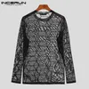 2023 Mężczyzn T -koszulka drukowana siatka z długim rękawem Transparent Streetwear Sexy Party Night Club TEE TOPS Odzież Interoun S5xl 240308