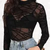 T-shirt da donna Top in rete da donna Manica lunga Collo a lupetto in pizzo See Through Camicia camicetta trasparente sexy slim fit Clubwear