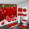 Curtains Red Christmas Shower Curtain Set Green Pine Branches Rope Ball Winter New Year Xmas Bathroom Decor Rug Bath Mat Toilet Lid Cover