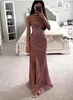 Stoffige roze roze witte lovertjes bruidsmeisjekleding sexy spaghettibandjes zeemeermin backless lange avond prom jassen met korset terug BM5003