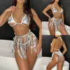 Traje de baño para mujer Conjunto de bikini con cordones sexy Falda con flecos Traje de baño de 3 piezas Ropa de playa Recorte para mujer Traje de baño para nadar