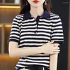 Women's Polos Tops Black Striped Clothing Red T-shirt Woman Short Sleeve Tee Polo Neck Shirts For Women Y2k Fashion Polyester Cotton Trend V