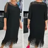 Casual Dresses O Neck Dress Elegant Plus Size Mesh Patchwork Midi With Ruffle Hem For Women Soft Spring Summer Striped Lady