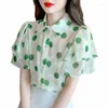 Kvinnors blusar Fashion Green Dot Print Kortärmad Chiffon Shirt Summer Top 2024 Design Sense Sweet Printed Tops