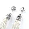 Boucles d'oreilles pendantes élégantes en perles, couleur or argent, pompon en diamant, bijoux de mariage longs à la mode pour femmes