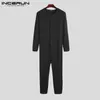 Incerun män pyjamas jumpsuit hemkläder fast färg långärmad bekväm knapp fritid sömnkläder män rompers nattkläder s-5xl 240227