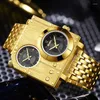 Montres-bracelets Golden Luxury Quartz Montre pour hommes Square Dual Time Zone Creative Big Clock Full Steel Sport Montres Lumineux Pointeur Reloj