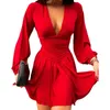 Vestidos casuais mulheres elegante vestido com decote em v mini decote em v lanterna mangas a linha para cor sólida apertada