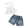 Kläduppsättningar Småbarn Kids Baby Girl T-shirt Top Denim Jeans Shorts Set Tie-Up Pleated Camisole Ripped Summer 2-Piece Outfit