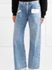 Kvinnors jeans 2024 Autumn ljusblå kontrastfärg rak hög midja bred ben kvinnor byxor