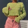 Women's T Shirts 2024 Round Neck Long-sleeved Pleated Belly Button All-match Crop Top Korean Style Autumn Women Y2k Aesthetic