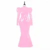 Casual Dresses Luxury Dress Glossy PVC Leather Låsbar full hylsa mantel maxi höghals puff bodycon lång klänning kväll 7xl