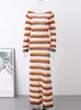 Women Long Dress Oneck Knitted 2024 Backless Bodycon Striped Hollowed Out Flared Sleeves Ruffle Vacation Lady Wave Cut Robe 240229