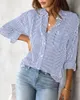 Blusas femininas 2024 camisa blusa listrada clássico botão de impressão manga longa casual sem bolsos diário básico outono inverno topos
