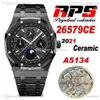 APSF 41mm Calendario perpetuo 26579CE A5134 Orologio automatico da uomo Superlumed quadrante blu strutturato fasi lunari Cassa in ceramica nera e Br303M