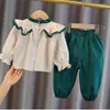 Clothing Sets Fashion Baby Girls Suits 2024 Spring Autumn Patchwork Turn Down Collar Tops Solid Elastic Waist Pants Children Two Piece Set