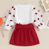 Set di abbigliamento Moda Bambini Ragazze Primavera Cuore Stampa Maglia a maniche lunghe T-shirt Bottone Bowknot A-line Mini gonne Abiti casual