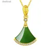 Pendant Necklaces Pure Gold New Gold Green Jade Marrow Small Skirt Pendant for Womens Internet Celebrity Fashion Fan Necklace Pendant JewelryL242313