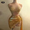 Scene Wear Fashion Rhinestones Gold Dress Sequin Backless Sexy Mesh See Through Party Nightclub Birthday Pole Dance Festival Outfits