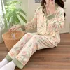 Women's Sleepwear Set Mujer Homewear Skin-friendly Size Top Pants Breathable Pajama Print Ruffle Plus Sleeve Long Cherry