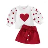 Set di abbigliamento Moda Bambini Ragazze Primavera Cuore Stampa Maglia a maniche lunghe T-shirt Bottone Bowknot A-line Mini gonne Abiti casual