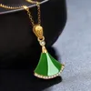 Pendant Necklaces Pure Gold New Gold Green Jade Marrow Small Skirt Pendant for Womens Internet Celebrity Fashion Fan Necklace Pendant JewelryL242313