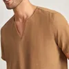 Men's Casual Shirts Fashion Breathable Shirt Summer Short Sleeve Solid Brown Loose V-neck Cool Top Clothing For Man