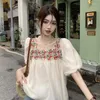 女性のブラウスDuofan Sweet Shirts女性の花の刺繍スクエアネックレースエッジパネルシフォン夏のエスニックスタイルブルサトップス