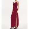 Casual Kleider Plissee Split Satin Kleid Einfarbig Hohe Taille Spaghetti Strap Y2K Hosenträger Camis Frauen Seide Elegante Sexy Lange