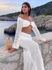 Abito estivo da donna nuovo bianco con lacci a maniche lunghe natiche casual lavorato a maglia cava a maniche lunghe abiti attillati copri bikini abito da spiaggia A1882 240313