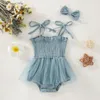 Kläder sätter fokusnorm 0-18m härliga spädbarnsflickor romper klänning 2st solida off-the-shoulder rem snörning jumpsuit pannband