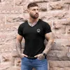 Herr t-shirts stickad snabb torr v hals t-shirt herr fitness smal passform kort ärm tröjor gym bodybuilding sport andningsbara sommarkläder