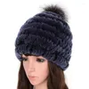 Berets Fur Ball Real Hat Women Winter Warm Hand Woven Double Layer Thick Caps Girls