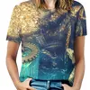 Women's T Shirts Spring Lotus Leaf Neck T-Shirt Long Sleeve Printed Fall Women Tee Tops Landscape Fantasy Castle Temple