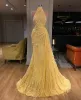 Populaire Goede kwaliteit Glitter Mermaid Avondjurken Sexy High-Neck Mouwleveless Paillins Feather Prom Dress Sweep Train Speciale gelegenheid jurken