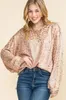 Kvinnors T-skjortor Kvinnor Autumn Winter Sprinkled Gold Leopard-Monderade lykta ärmar O-Neck Pullover Knickade toppar American Trend Casual