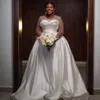 Size 2024 Plus Mermaid Dress Bride with Detachable Train Bridal Illusion Long Sleeves Pearls Satin Wedding Gowns for African Black Women Girl NW146