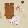 Clothing Sets Baby Girl Summer Rompers Set Ribbed Sleeveless Jumpsuit And Casual Rainbow/ Butterfly Print Shorts Headband