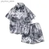 Men's Tracksuits Summer mens two-piece tie dye oversized shirt and shorts thin silk beach travel suit mens Q240314