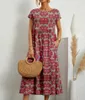 Robe en coton et lin pour femmes, élégante et à la mode, col rond, imprimé, manches courtes, jupe Aline, florale unique, longue, 240313