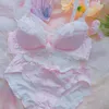 Conjuntos de sutiãs japonês sutiã e calcinha conjunto adolescentes sem anel de aço lingerie sexy xadrez renda doce algodão copo roupa interior feminina