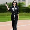 Women Coat Pants Set Womens Heart Print Sweatshirt Wide Leg Autumn Winter Sport Outfit With Stand Collar Elastic 240326