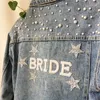 BRAUT Perlen-Jeansjacke mit Sternen, personalisiert, WIFEY Jeans, Hochzeitsmantel, Frau, personalisierter Name 2023, Blau 240311