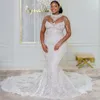 2024 Plus Size Mermaid Wedding Dress for Bride Bridal Gowns High Neck Luxury Long Sleeves Beaded Lace Rhinestones Wedding Gowns for African Black Women Girls NW137