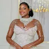 2024 Plus Size Mermaid Wedding Dress for Bride Bridal Gowns High Neck Luxury Long Sleeves Beaded Lace Rhinestones Wedding Gowns for African Black Women Girls NW137