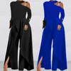 Graceful Allure Women's Chic Solid Color Long Sleeve Off-Shoulder Jumpsuit Wide Leg Pants - Royal Blue Black Perfect for an Elegant Party Look