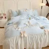 French Princess Style Bedding Sets Ruffle Lace Bow Quilt Cover Romantic Bedclothes Decor Woman Girls Bedroom 240306